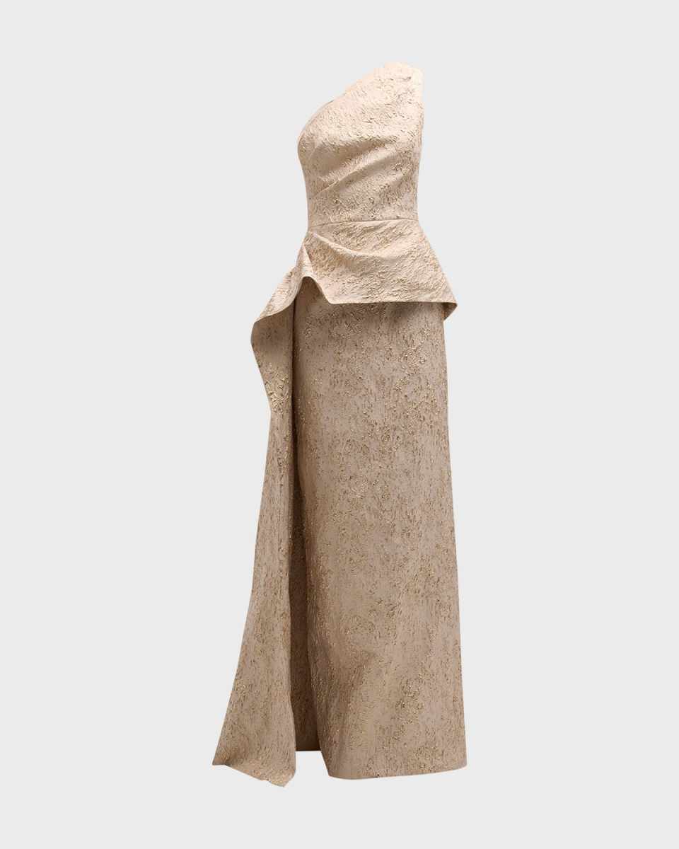 One-Shoulder Jacquard Peplum Column Gown